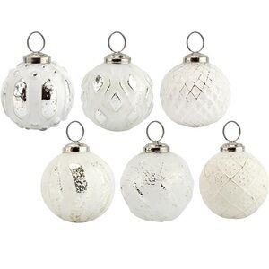 Set 6 Glass Distressed White w Tin Metal Ornaments NIB